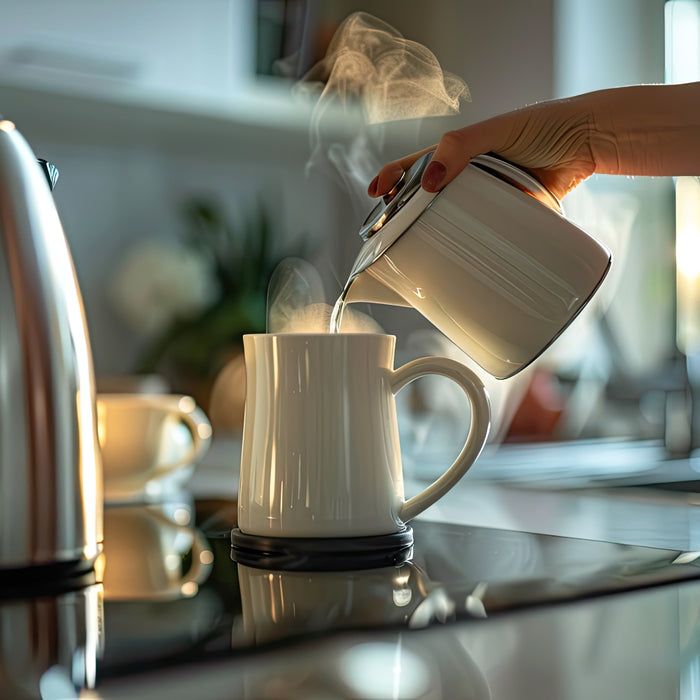 pouring hot water into mug for tea coffee kitchen scene 