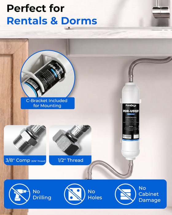 PureDrop PDR-US12P Under Sink Water Filter System, 10,000-Gallon Inline Filter for PFAS & Chlorine Reduction with 1.5 GPM Fast Flow, No-Drill Installation for Apartments (3/8″ & 1/2″ Direct Connect)