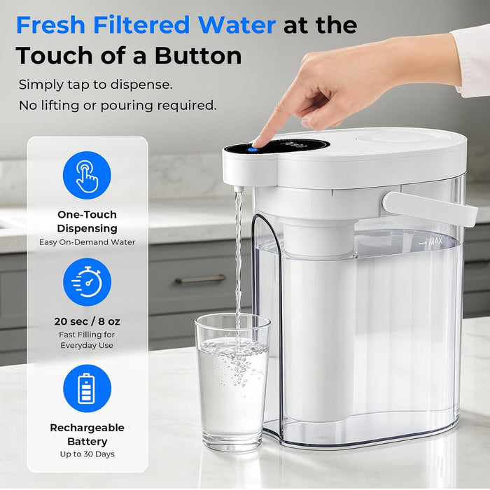 PureDrop PDR-EP1U Electric Water Filter Pitcher with Dual-Stage Filtration UF Membrane+Activated Carbon, Instant Touch Dispensing, Long-Lasting Filter, 17-Cup Capacity, Rechargeable & Fridge-Friendly