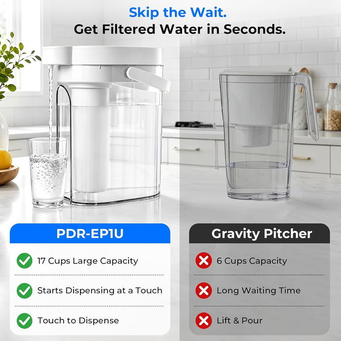 PureDrop PDR-EP1U Electric Water Filter Pitcher with Dual-Stage Filtration UF Membrane+Activated Carbon, Instant Touch Dispensing, Long-Lasting Filter, 17-Cup Capacity, Rechargeable & Fridge-Friendly