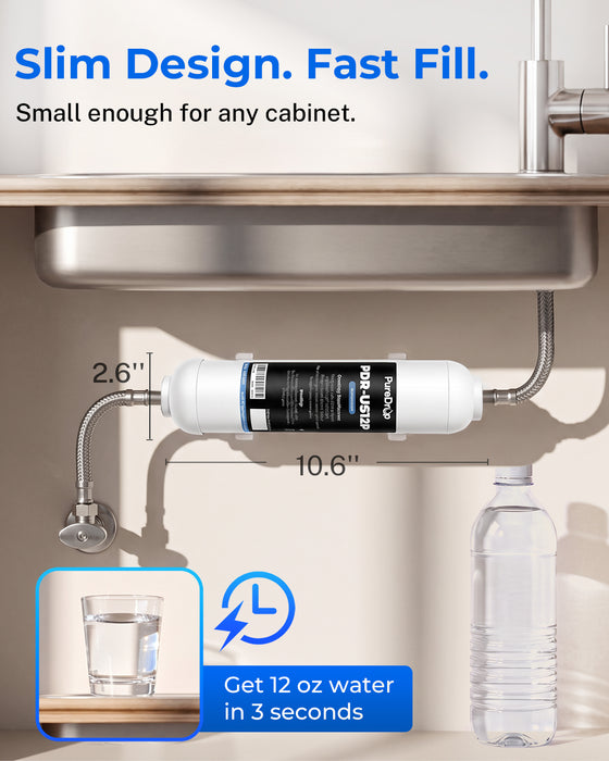 PureDrop PDR-US12P Under Sink Water Filter System, 10,000-Gallon Inline Filter for PFAS & Chlorine Reduction with 1.5 GPM Fast Flow, No-Drill Installation for Apartments (3/8″ & 1/2″ Direct Connect)