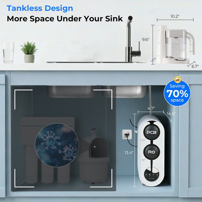 PureDrop PDR-100HRO Under Sink Reverse Osmosis Water Filter with Countertop Pitcher, Filter Life Reminder, 100GPD Tankless RO Water Filtration System, Instant Ready Purified Water