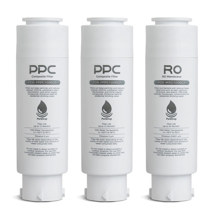 PureDrop PDR-F3-100RCP 2-Year Replacement Filter Set for PDR-100RCP Countertop RO Water Filter, 2 Composite Filters+ 1 RO Membrane, Press-to-Release, BPA-Free