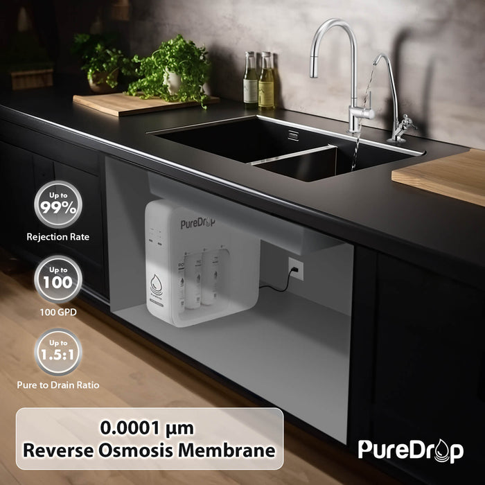 PDR-100RO Under Sink 3-Stage Reverse Osmosis 100 GPD Tankless Water Filtration System | PureDrop