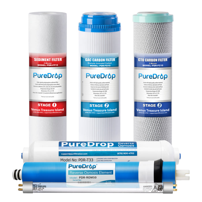 PDR-F6U Replacement Filter Set for 6-Stage RO Water Filters with UV light Filter | PureDrop