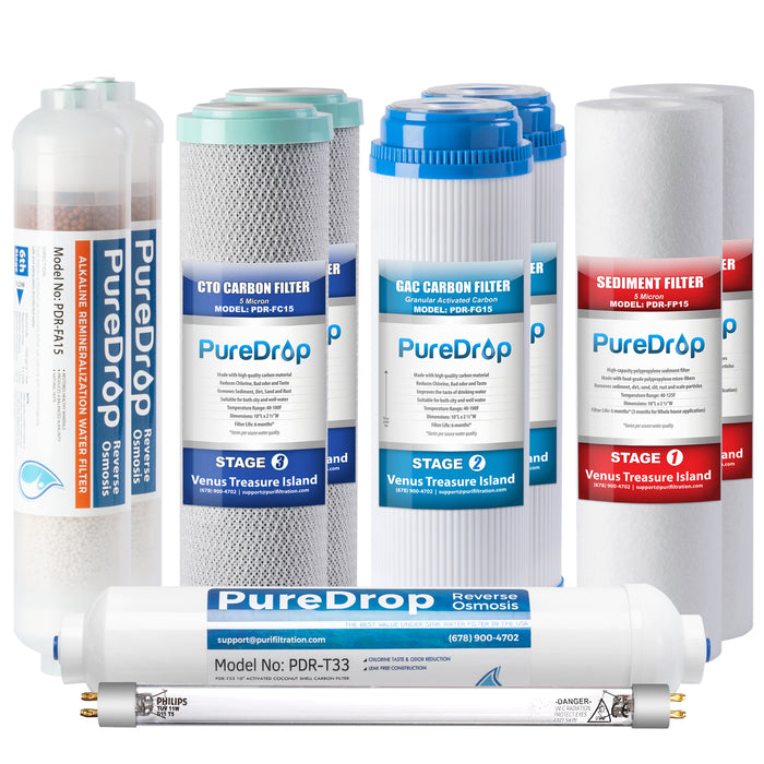 PDR-F10KU 50 GPD Reverse Osmosis Water Filter 1-Year Replacement Cartridges for RTW5AK-UV 7-Stage RO Water Filtration System with Alkaline Mineral & UV light Filter, 10 Pieces | PureDrop