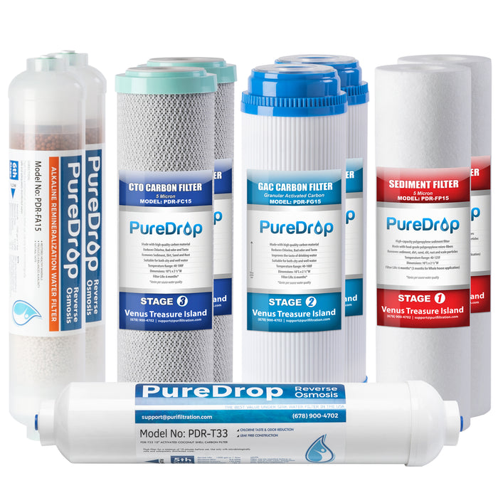 PDR-F9K 1-Year Reverse Osmosis Water Filter Replacement Set for 6-Stage Under-Sink Water Filtration Systems with Alkaline Mineral Filter | PureDrop