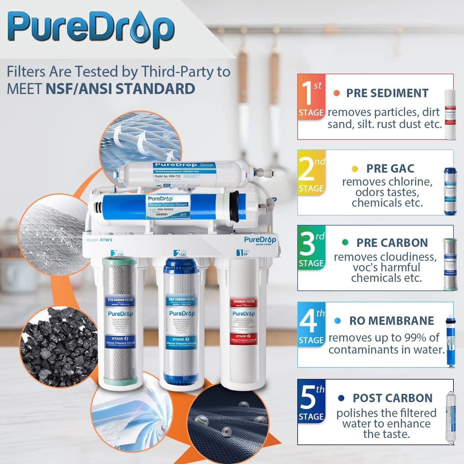 PureDrop RTW5 5 Stage Reverse Osmosis RO Water Filtration System with